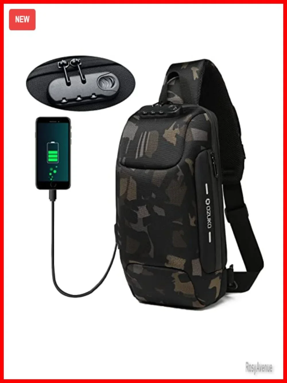 Men's Anti-Theft Sling Backpack Crossbody Bag with USB Charging Port Waterproof